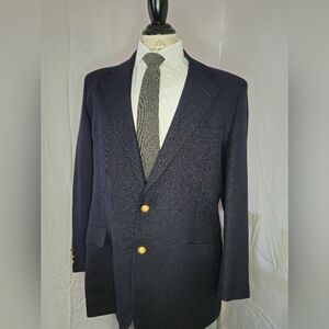 Hickey Freeman Red Barn Midnight Navy Wool Blazer Brass Key Buttons 42R Est